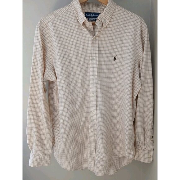 Ralph Lauren Classic Fit Button Down Shirt Size XL Tan Plaid Work Cotton - Picture 2 of 9